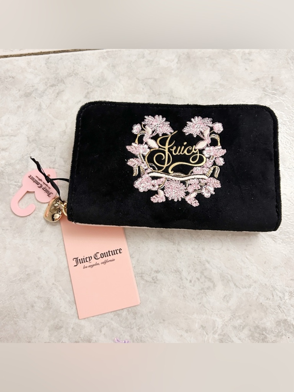 Juicy Couture In Bloom Black Velour Floral Bifold Purse Wallet NWT